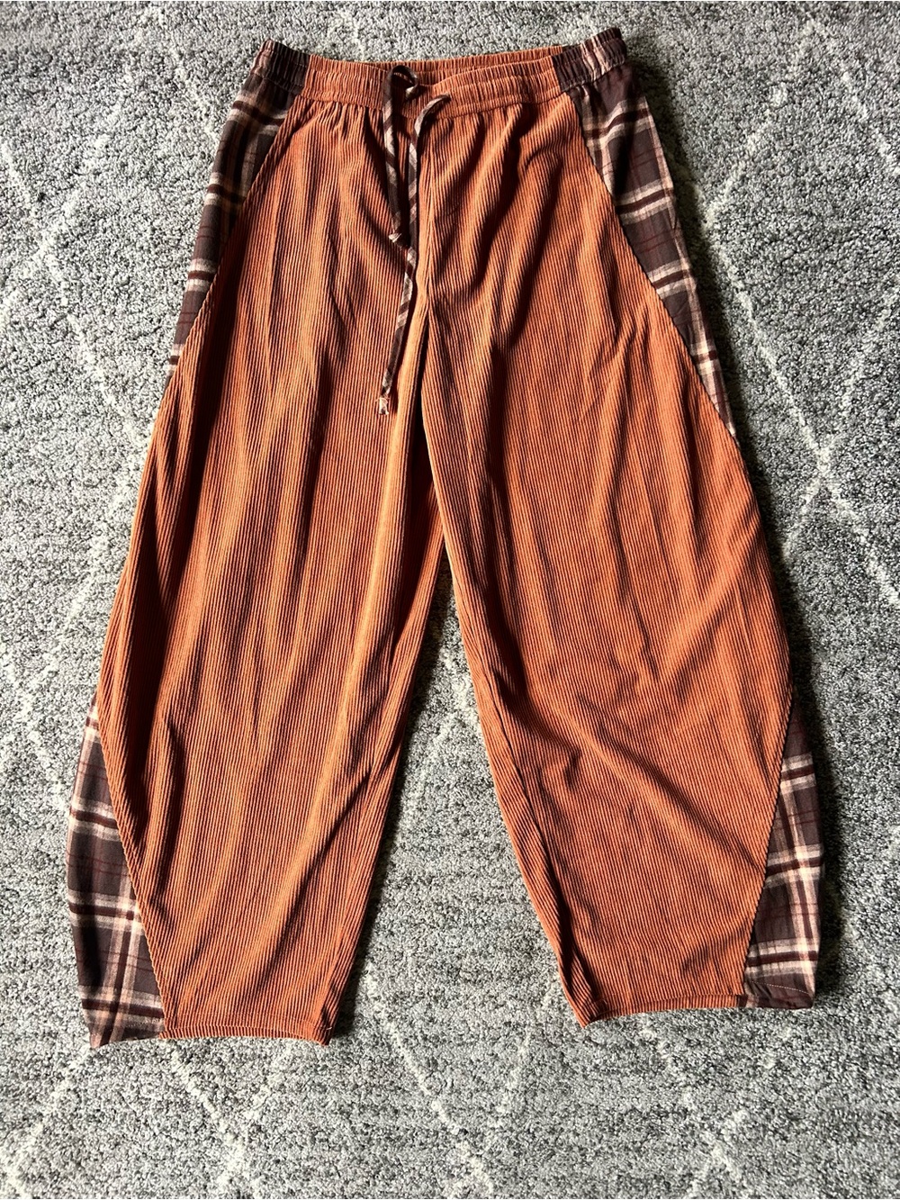 Women’s Corduroy Barrel Pants Wide Leg Baggy Fall Autumn Patchwork Rust Brown